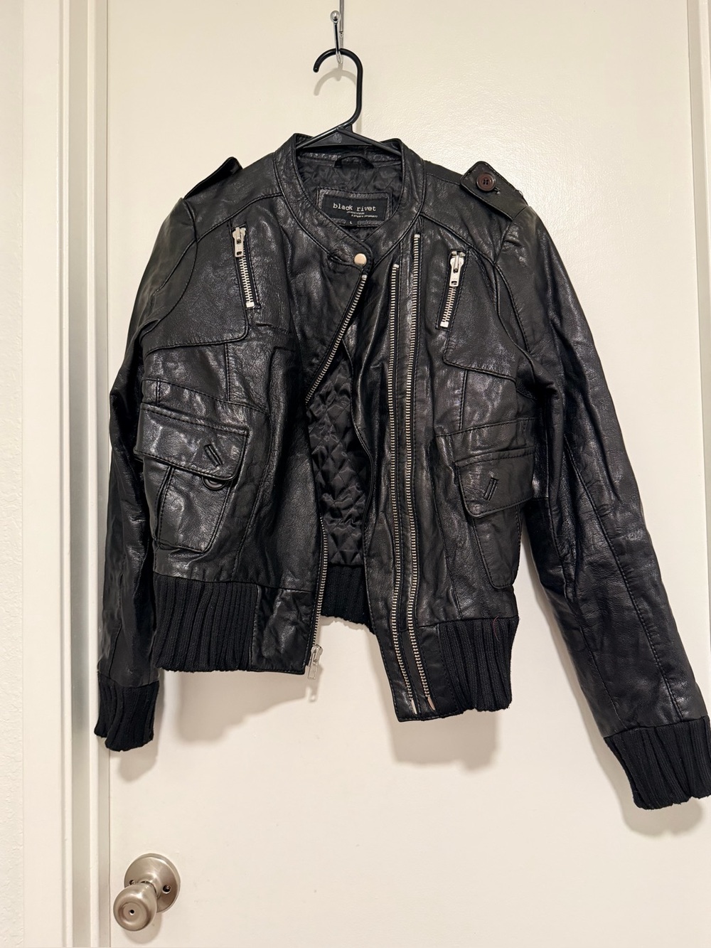 Black Rivet Black Leather Flight-Style Jacket